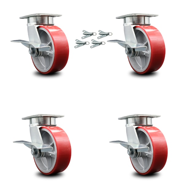 6 Inch Kingpinless Red Poly on Steel Wheel Caster Set Brake and Swivel Lock